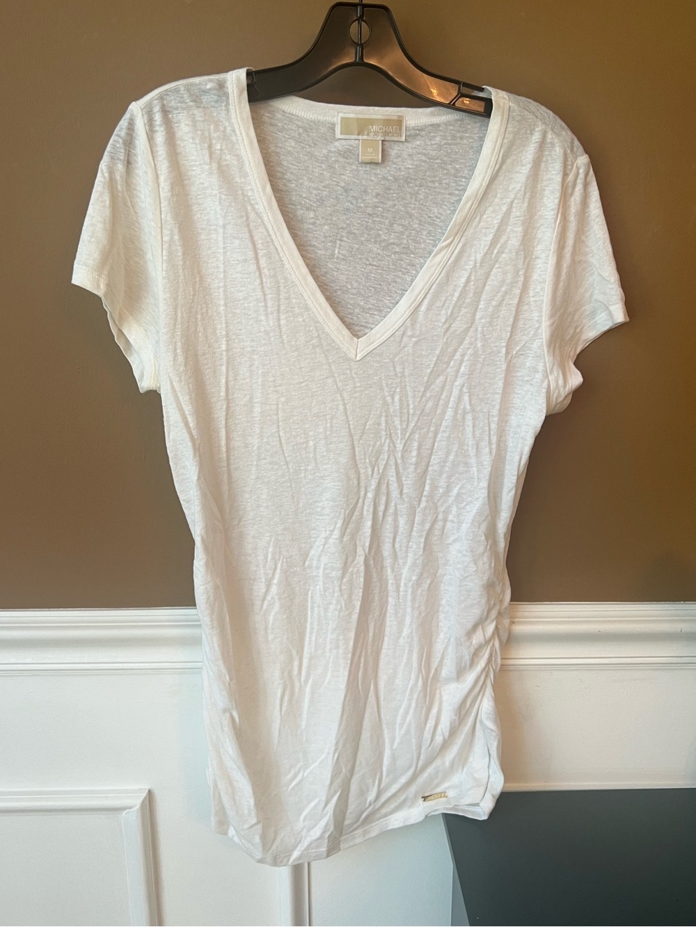 Michael Kors White V-Neck Linen Blend Short Sleeve Tee Ruched Size M Casual